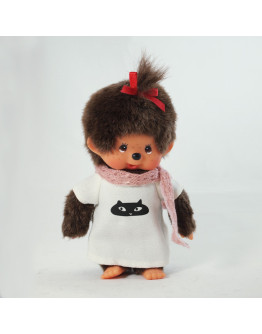 Monchhichi 粉紅圍巾白色連身裙女孩
