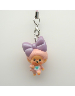 Monchhichi PVC粉紅色蝴蝶結大頭掛件