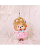 Monchhichi 大頭粉紅裙子掛件女孩