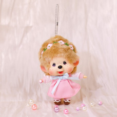 Monchhichi 大頭粉紅裙子掛件女孩