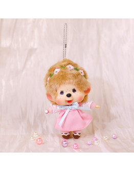 Monchhichi 大頭粉紅裙子掛件女孩