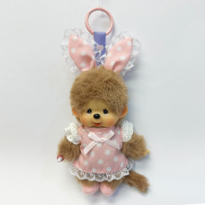 Monchhichi 粉色點點連衣裙兔耳朵掛件