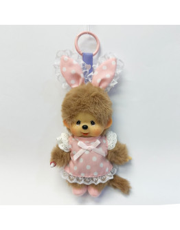 Monchhichi 粉色點點連衣裙兔耳朵掛件