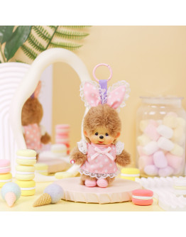 Monchhichi 粉色點點連衣裙兔耳朵掛件