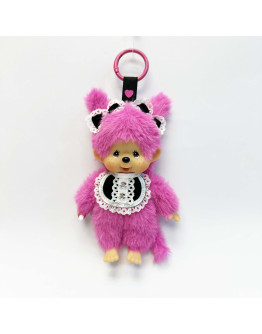Monchhichi 黑白圍兜粉色女孩掛件